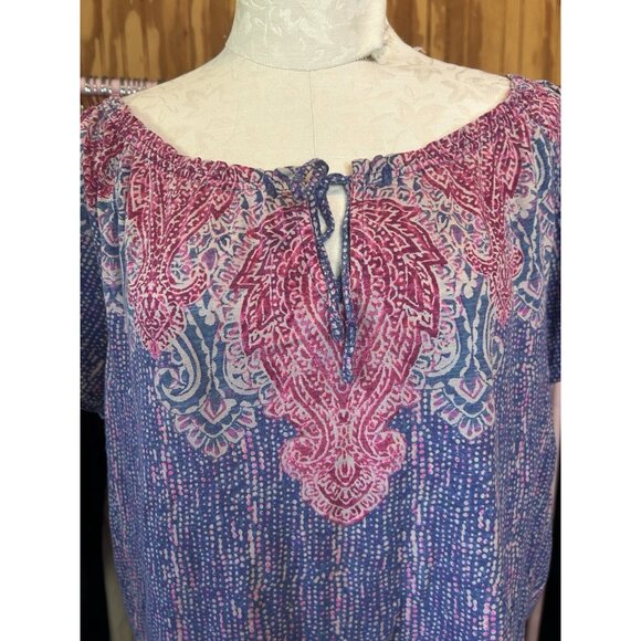 Lucky Brand Blouse Top Lightweight Short Sleeve Front Tie Blue & Print Boho Sz L - Picture 4 of 8